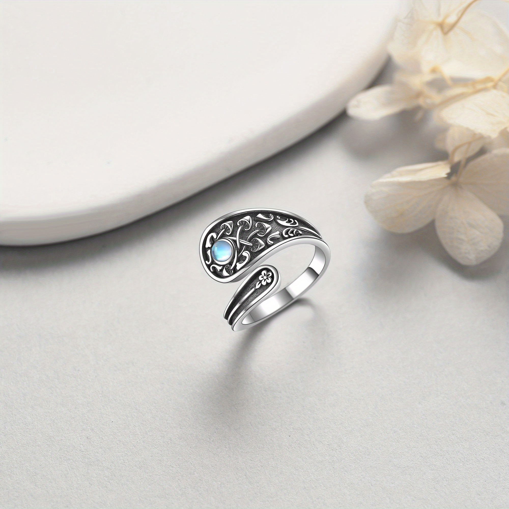 Mushroom Ring 925 Silver Moonstone Open Rings for Women